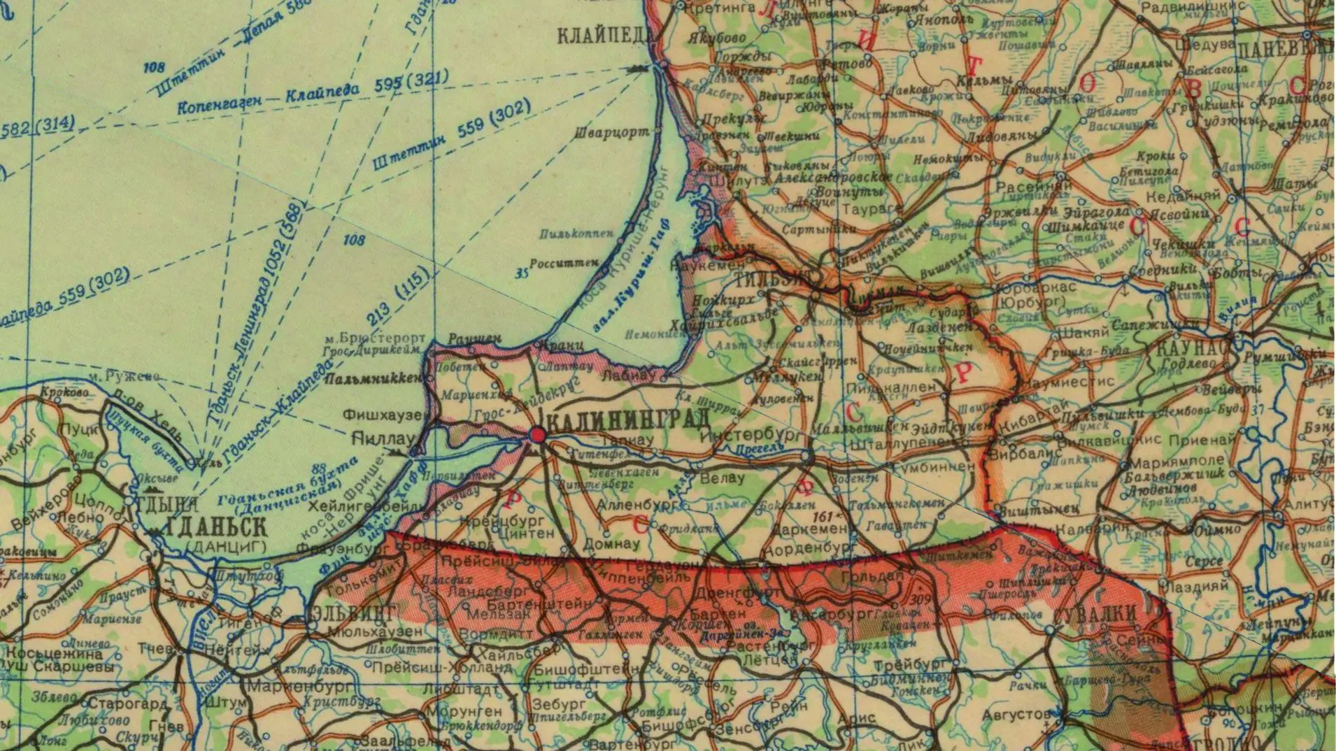 SSRS atlaso fragmentas 1946–1947 m. su Kaliningrado sritimi ir Rytų Prūsijos siena